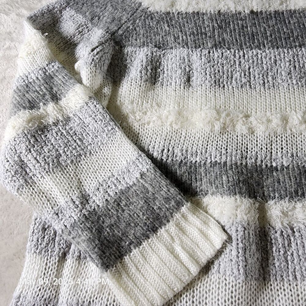 Lou & Grey Women's Medium Gray Striped Sweater Cotton Wool Blend Long Sleeves - Picture 2 of 9